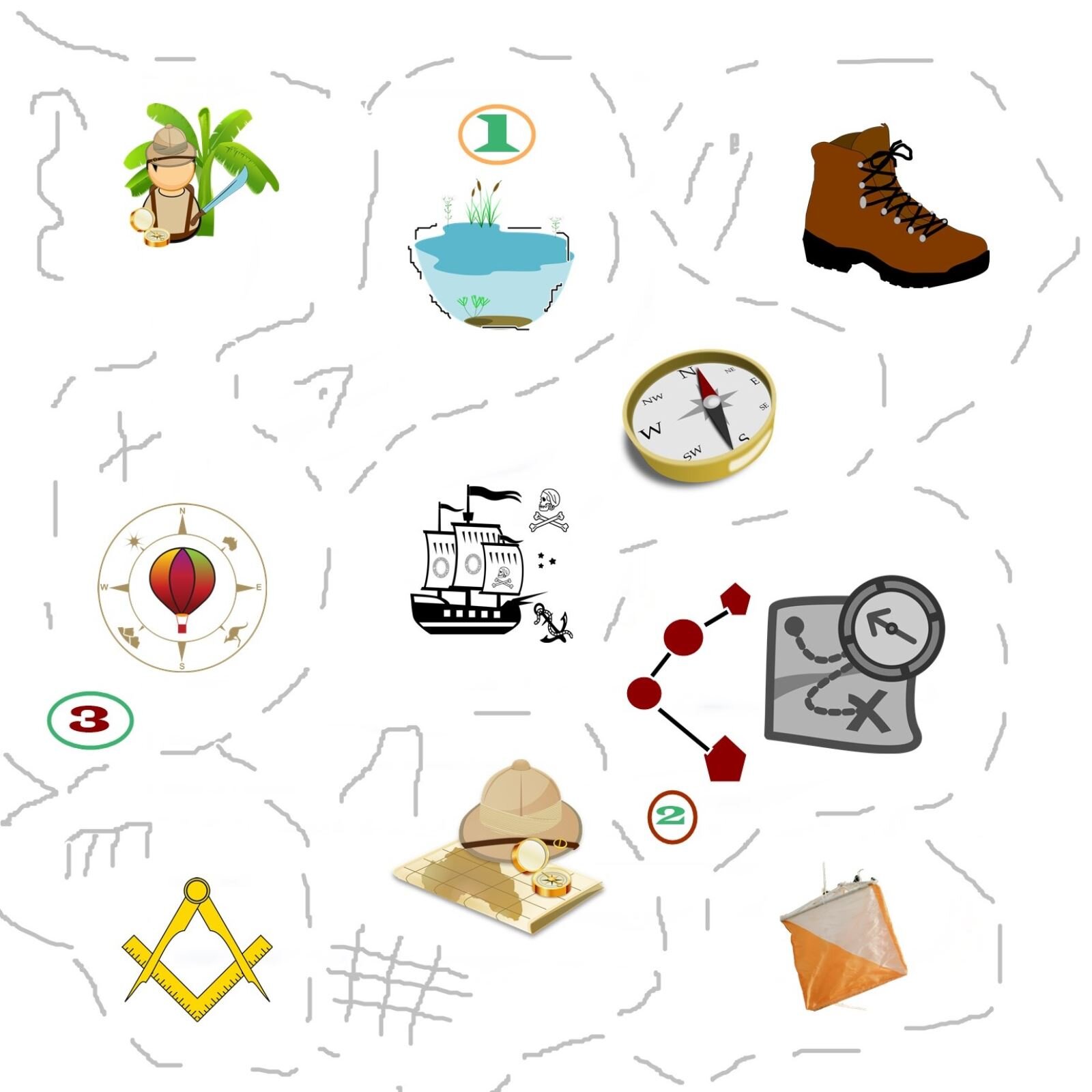 Grafika przedstawia zarys mapy, na której umieszczono różne ikony związane z podróżą czy poszukiwaniem skarbów oraz szarą przerywaną linią i symbolami zaznaczono trasę. W różnych miejscach mapy umieszczono również cyfry 1, 2 i 3. Widoczne są ikony: cyrkla, kompasu, mapy z kompasem i kapeluszem z czołówką, znacznika biegów na orientację, mapy z wyznaczoną trasą zakończoną iksem i z kompasem, kompas, statek piracki, konstelację gwiazd, but trekkingowy, jeziorko, postać przy palmie.