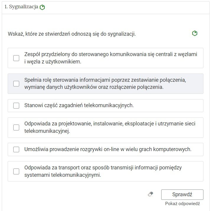 Na grafice widoczne jest przykładowe zadanie. Znajduje się tam rozwinięta zakładka zadania, a w niej widoczne jest polecenie oraz możliwe odpowiedzi do wyboru.