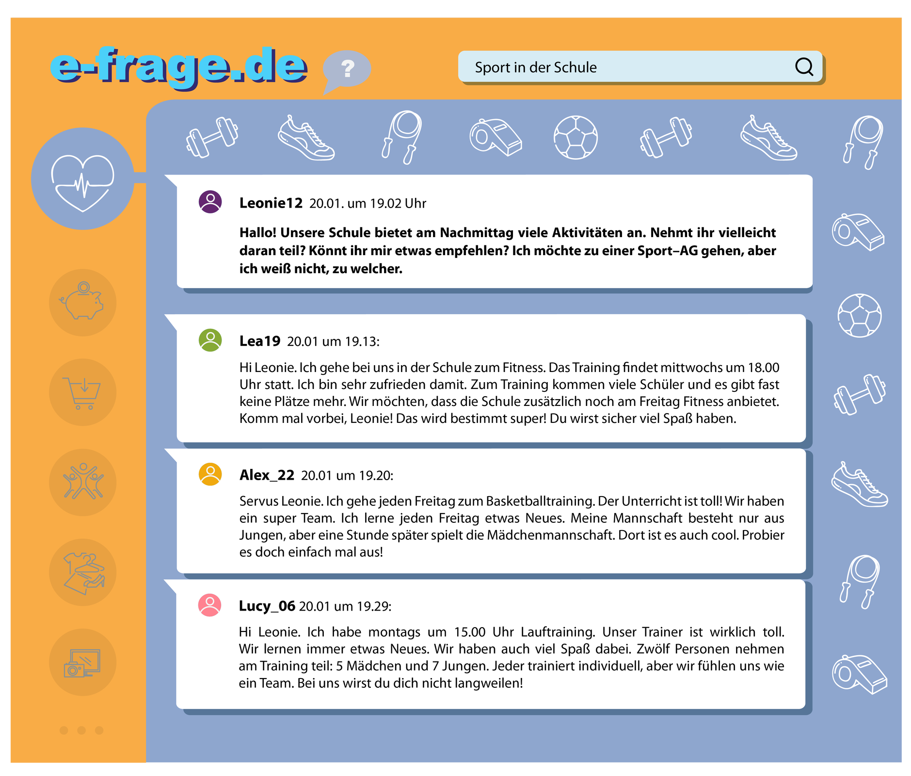 Ilustracja przedstawia komentarze na stronie internetowej e‑frage.de. Transkrypcja dostępna jest poniżej.