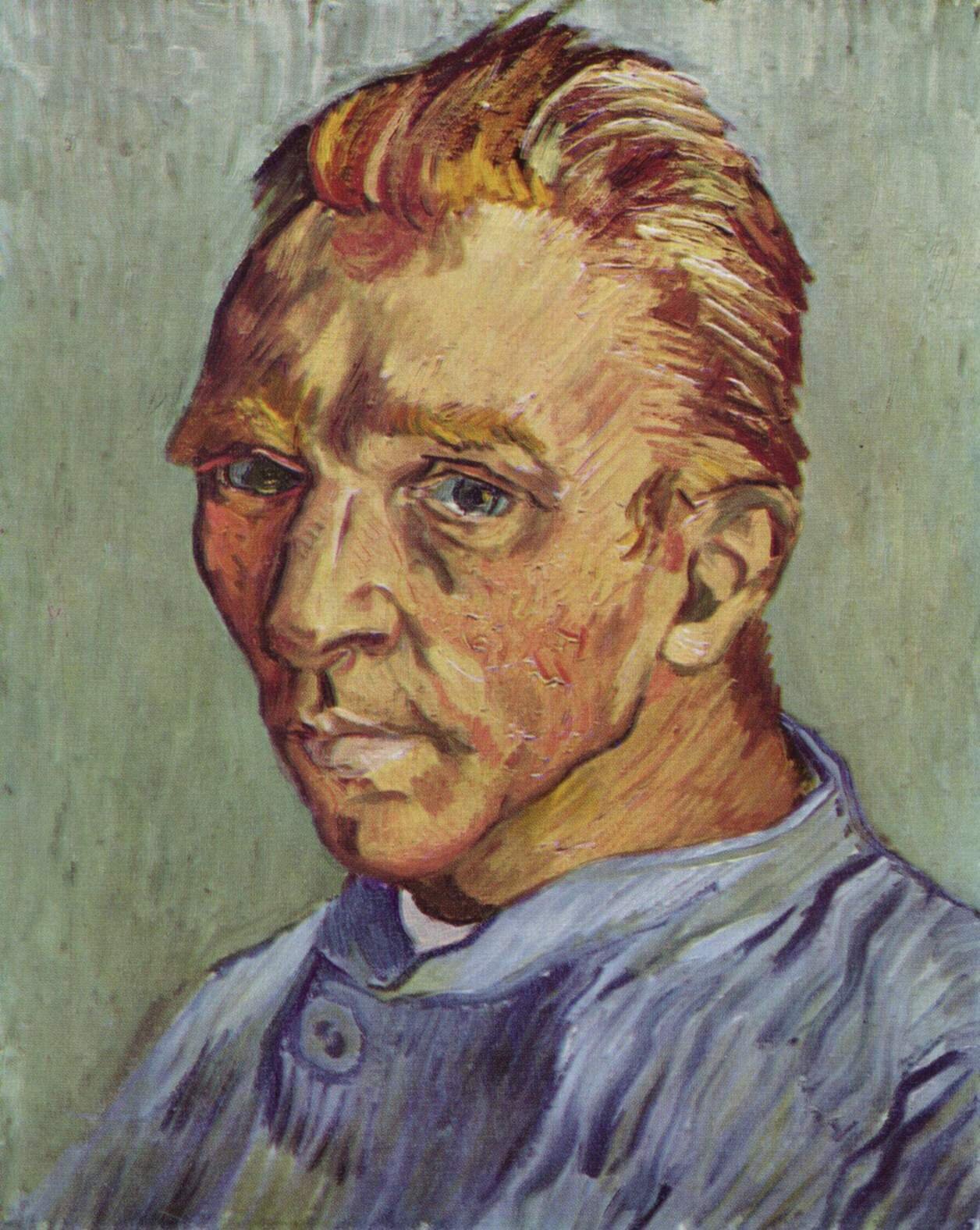 Obraz przedstawia autoportret Vincenta van Gogha. Ma krótkie, rude włosy, z grzywką zaczesaną do tyłu, rude brwi i brązowe oczy, spoglądające na odbiorcę. Nos ma duży i lekko zakrzywiony, a usta pełne. Kości jego żuchwy są mocno zarysowane. Ubrany jest w niebieską koszulę. Ujęty jest od ramion w górę. Ciało skierowane jest w lewą stronę obrazu, a głowa odwrócona w stronę odbiorcy. Tło jest jasnozielone, zamazane.