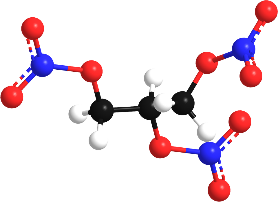 Na ilustracji jest model 3D nitrogliceryny. Model jest rozbudowany. Tworzą go między innymi: trzy czarne kulki położone w środku łańcucha, na zewnątrz łańcucha są trzy struktury zbudowane z niebieskiej kulki połączonej z trzema czerwonymi kulkami. We wzorze jest także pięć białych kulek, łączą się z czarnymi kulkami. 