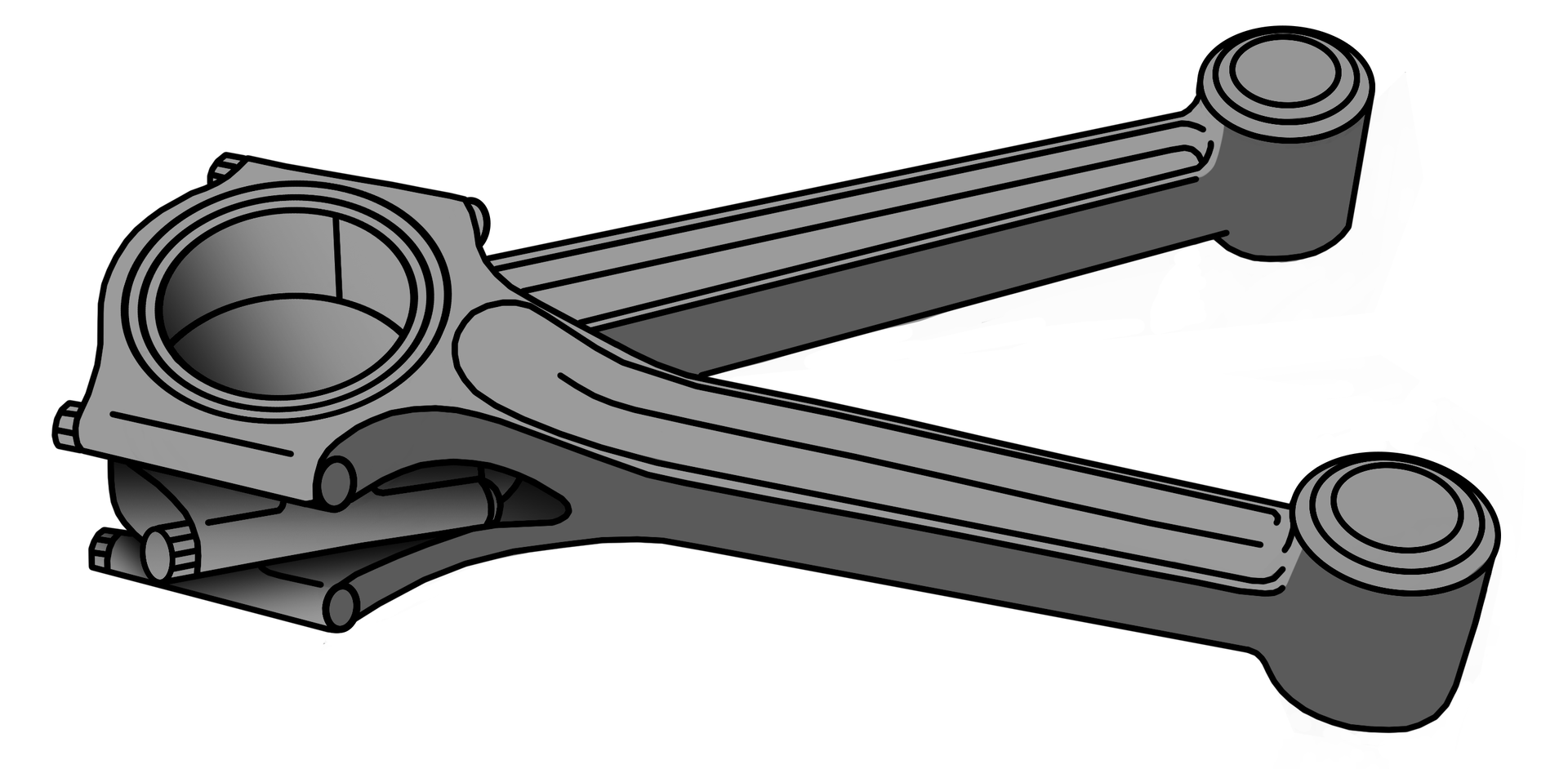 Ilustracja przedstawia korbowód czyli podłużny element w przekroju przypominający duża literę H. Taki przekrój nazywamy przekrojem dwuteowym. Na jednym końcu znajduję sie otwór dla sworznia tłokowego oraz większym dzielonym otworem, służącym do zamocowania korbowodu na czopie korbowodu. Na rysunku mamy dwa korbowody połączone w literę V w części stopy jednego z korbowodu.