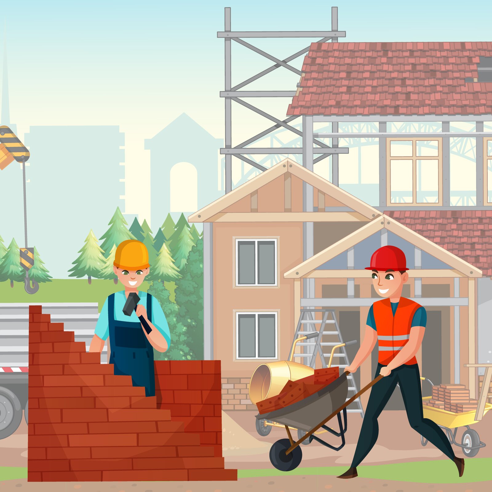 Ilustracja przedstawia trzech mężczyzn pracujący przy budowie muru z cegieł. 