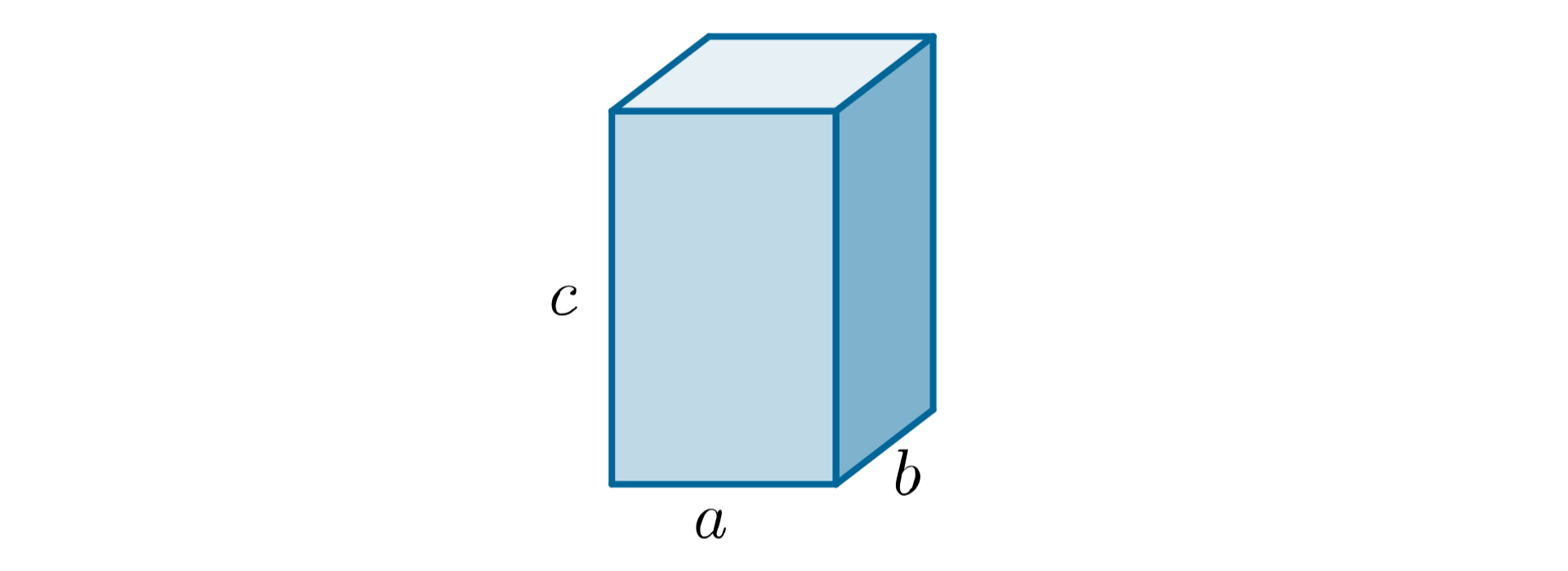 Rysunek przedstawia prostopadłościan z podpisanymi bokami a, b i c.
