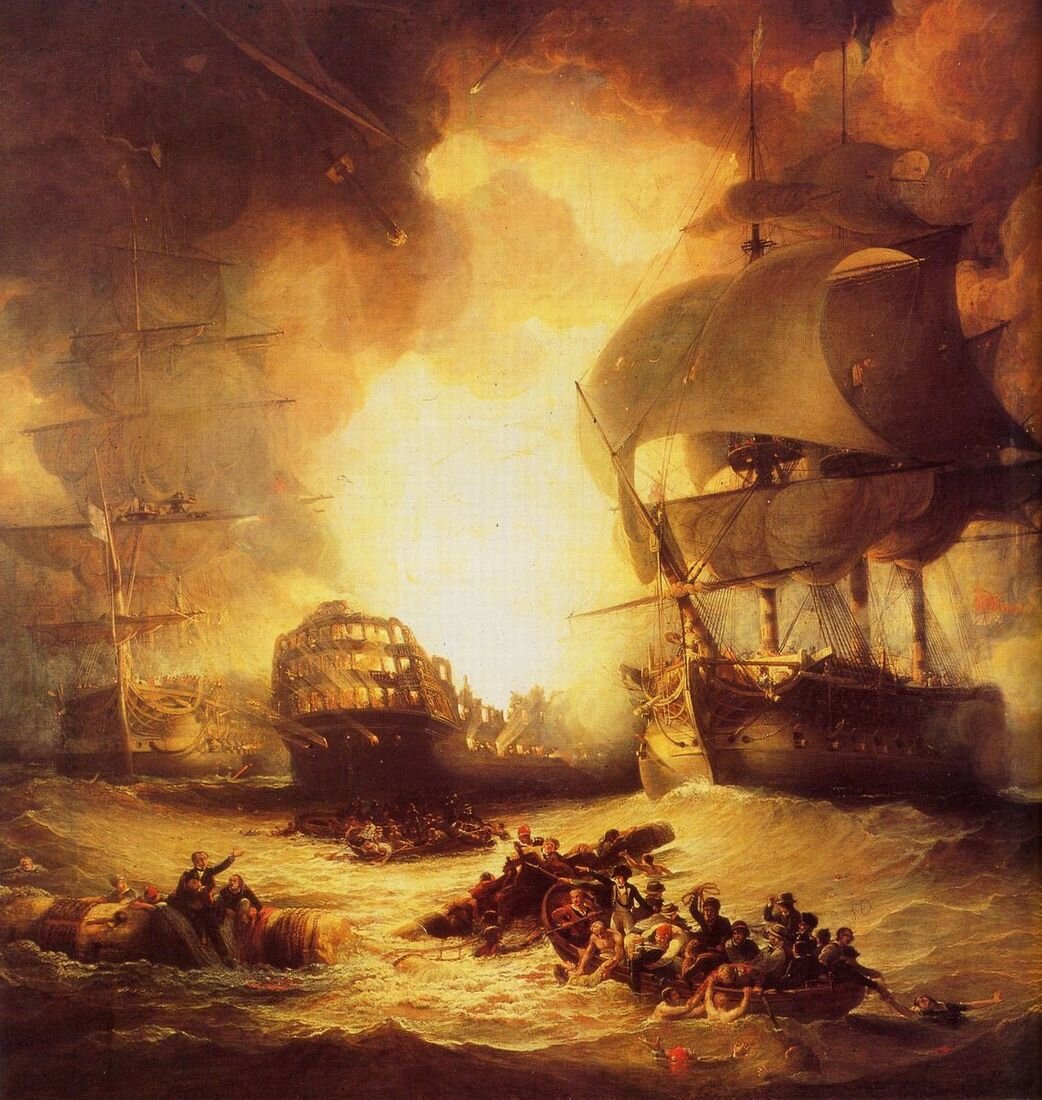 Obraz przedstawia bitwę morską w zatoce Abukir, zwana także bitwą u ujścia Nilu. Na lekko wzburzonym morzu widać trzy statki żaglowe. Jeden z nich płonie. Wokół pływają małe łodzie wypełnione żołnierzami.