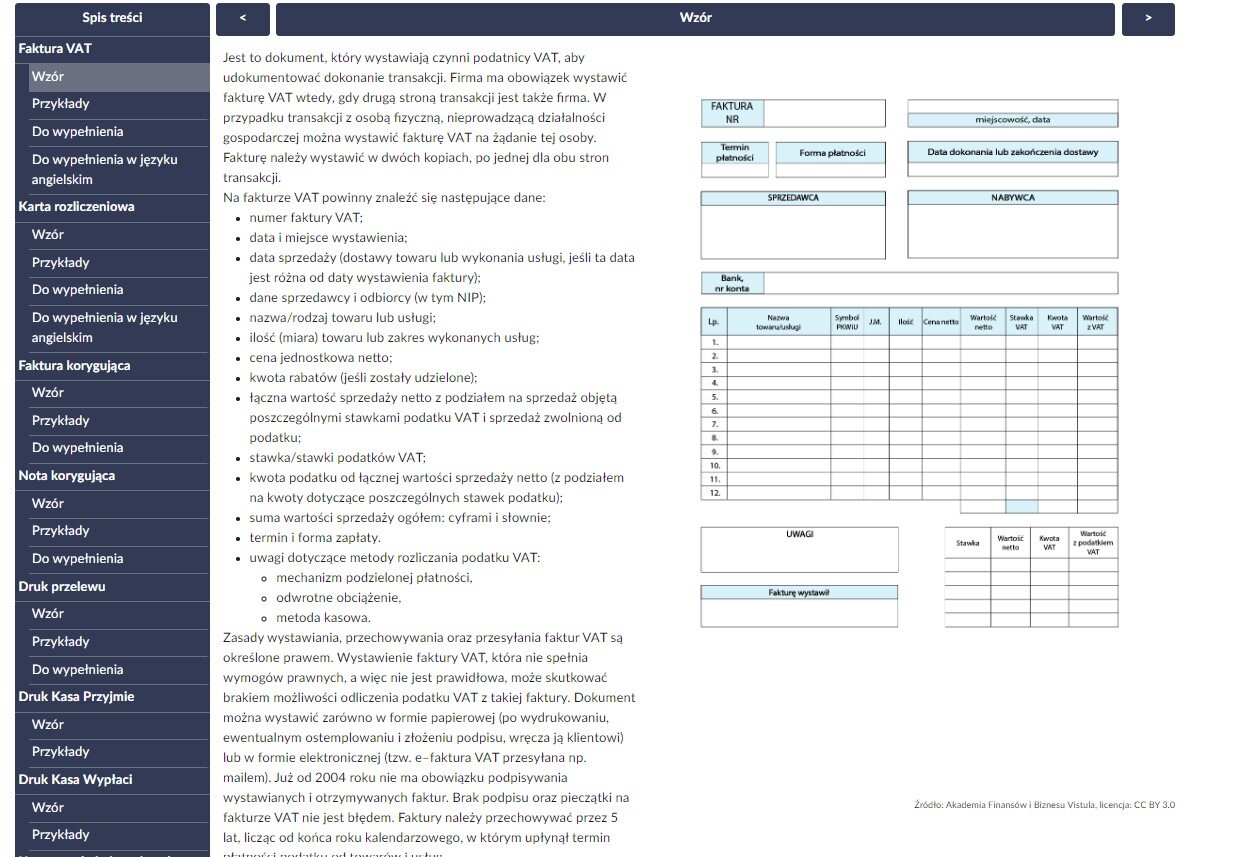 Grafika przedstawia widok dokumentacji interaktywnej zatytułowanej Dokumentacja finansowa działalności turystycznej w gospodarstwie agroturystycznym, przedstawiający przykładowy dokument oraz opis do jego pól.