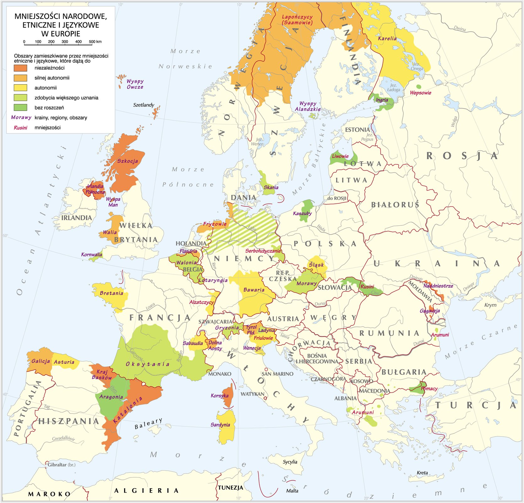 Mapa, która przedstawia mniejszości narodowe, etniczne i językowe w Europie.