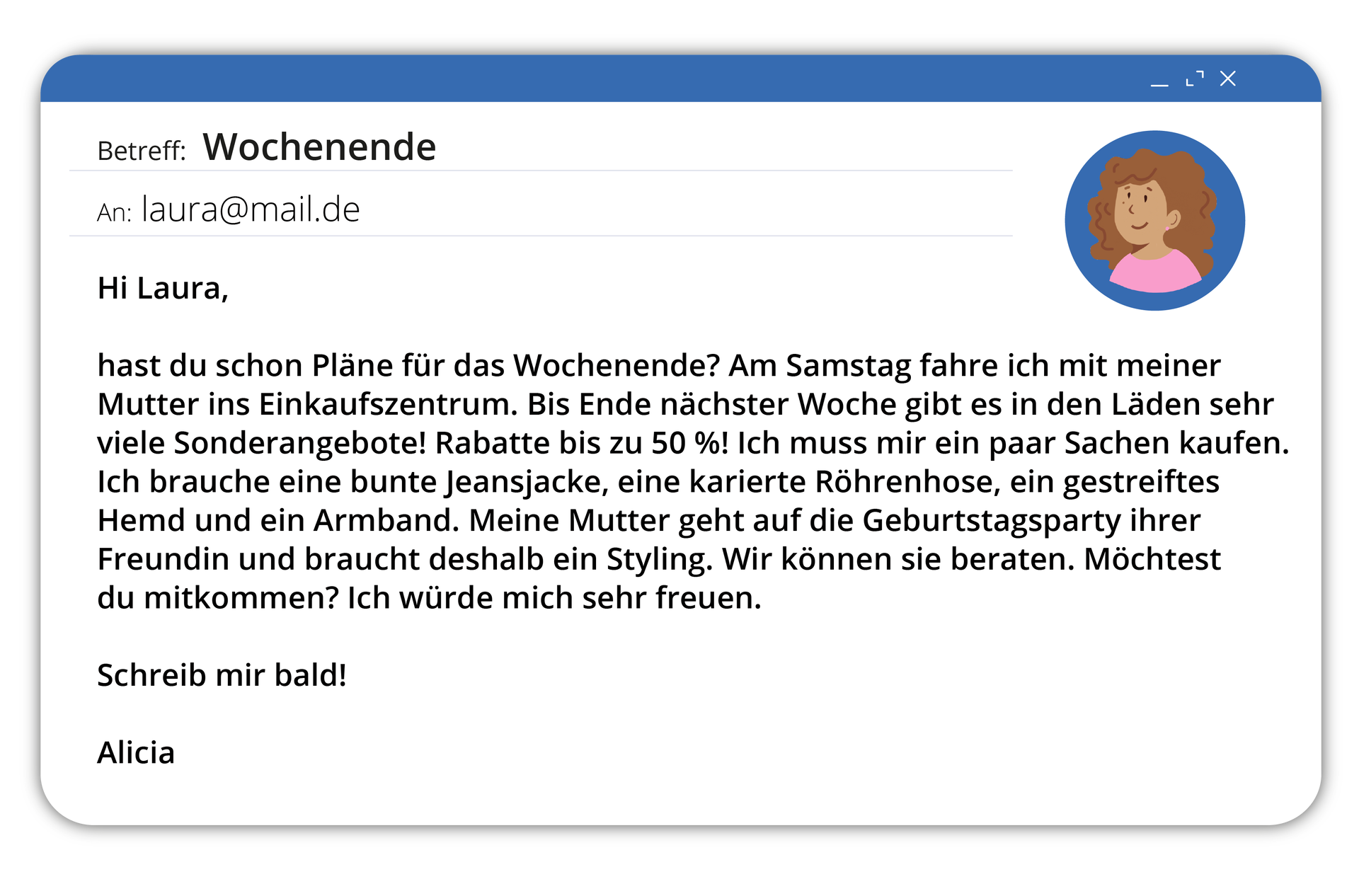 Ilustracja przedstawia interfejs poczty elektronicznej, gdzie widoczne jest okno z treścią wiadomości.     Wochenende . Treść dostępna w transkrypcji poniżej.