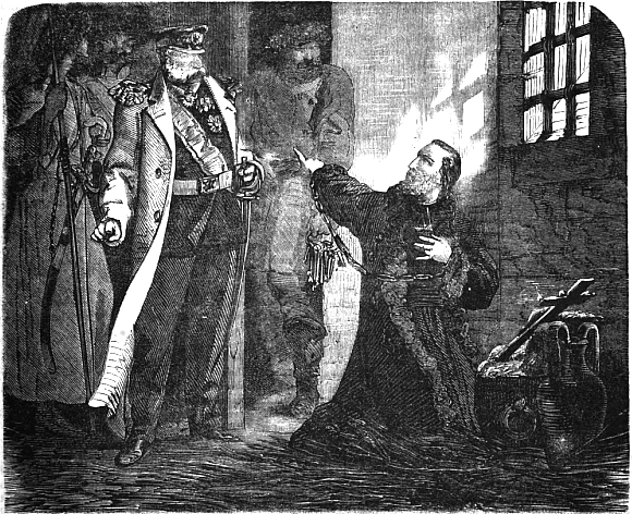 Czarno‑biała ilustracja przedstawia kilku mężczyzn. Mężczyzna po prawej stronie klęczy, jest ubrany w czarny habit, ręce ma połączone łańcuchem. Przed nim na koszu leży krzyż. Palcem wskazującym pokazuje w stronę wyjścia, które jest za nim. Wzrok i głowę ma skierowaną w górę. Po lewej stronie stoi czterech mężczyzn. Jeden jest wysunięty do przodu, a trzech stoi za nim. Mężczyzna z przodu jest ubrany w długi płaszcz, mundur z orderami, pas wokół tali oraz czapkę z małym daszkiem. W prawej dłoni trzyma szablę. Mężczyźni za nim są ubrani w płaszcze. 