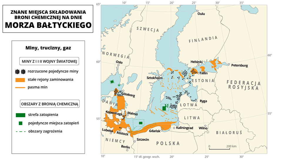 Na mapie zaznaczono znane miejsca składowania broni chemicznej na dnie Morza Bałtyckiego (miny z pierwszej i drugiej wojny światowej oraz obszary z bronią chemiczną). Stałe rejony zaminowania to obszar wzdłuż polskiego i niemieckiego wybrzeża, spory obszar na północy Niemiec aż po szwedzki Göteborg , a także obszar Bałtyku na wschód od Szwecji po Zatokę Fińską. Na mapie oznaczono także miejsca rozrzuconych pojedynczych min - to między innymi obszar morza na wschód od Sztokholmu aż po estoński Tallin, a także obszar w pobliżu wybrzeża Łotwy. Obszary z bronią chemiczną znajdują się na południe od Gotlandii oraz na morzu na północ od Szczecina.  