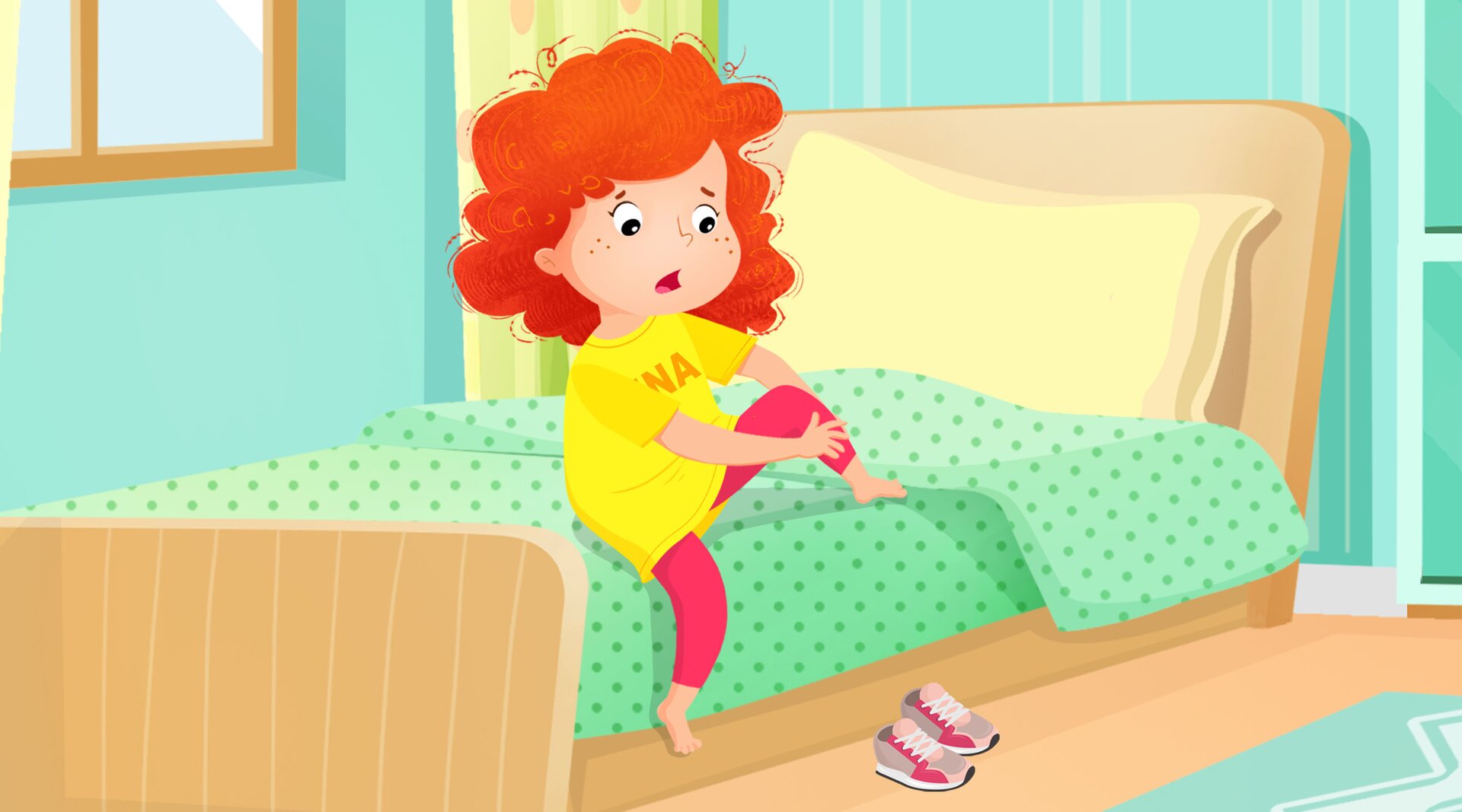 Na ilustracji znajduje się dziewczynka, która trzyma się za nogę.