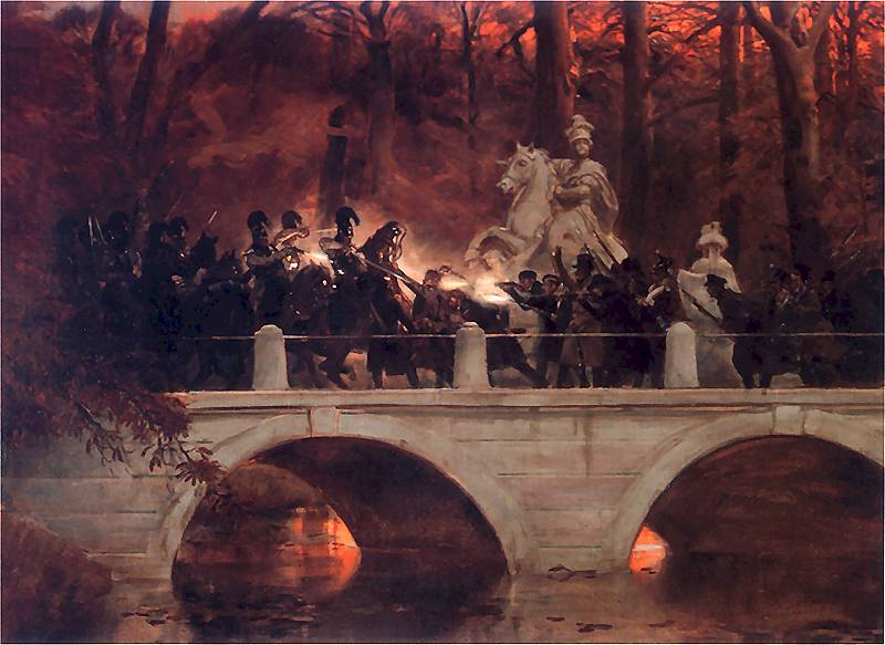 Obraz przedstawia dramatyczną scenę historyczną lub symboliczną na tle nocnego, czerwonego nieba i jesiennego lasu. Centralnym punktem kompozycji jest kamienny most z trzema przęsłami, nad którym przemieszcza się grupa żołnierzy w mundurach z epoki napoleońskiej – uzbrojonych, w zwartym szyku, z bagnetami i muszkietami. Na moście trwa intensywna potyczka – niektórzy żołnierze strzelają, inni wymachują bronią.

W tle widoczne są marmurowe posągi – największy z nich to jeździec na koniu, ubrany w historyczny strój dowódcy lub króla, co może symbolizować ducha przeszłości lub pomnik narodowej pamięci. Po prawej stronie widoczna jest również postać kobieca, również przypominająca rzeźbę – możliwe, że alegoria.

Całość kompozycji utrzymana jest w ciemnej, ciepłej tonacji – dominuje czerwień, brąz i czerń. Scena jest dynamiczna, pełna napięcia, oświetlona sztucznym światłem pochodzącym prawdopodobnie od wystrzałów.