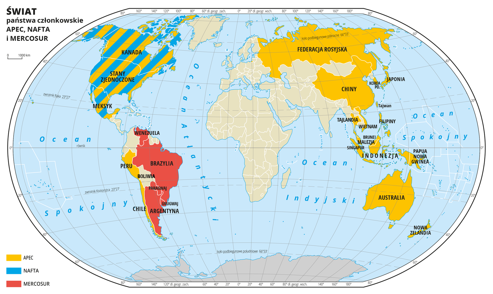 Ilustracja przedstawia mapę świata. Wody zaznaczono kolorem niebieskim. Opisano oceany.Na mapie za pomocą kolorów (żółty, niebieski, czerwony) oznaczono odpowiednio państwa członkowskie APEC, NAFTA i MERCOSUR. W Ameryce Północnej przeplata się kolor żółty i niebieski – APEC i NAFTA, na prawie całym obszarze Ameryki Południowej jest kolor czerwony – MERCOSUR, Federacja Rosyjska i Chiny oraz Wschodnia część Azji, Archipelag Malajski i Australia pokryte są kolorem żółtym – APEC. Wszystkie państwa będące członkami wymienionych organizacji opisano.Mapa pokryta jest równoleżnikami i południkami. Dookoła mapy w białej ramce opisano współrzędne geograficzne co dwadzieścia stopni.Po lewej stronie mapy objaśniono kolory użyte na mapie.