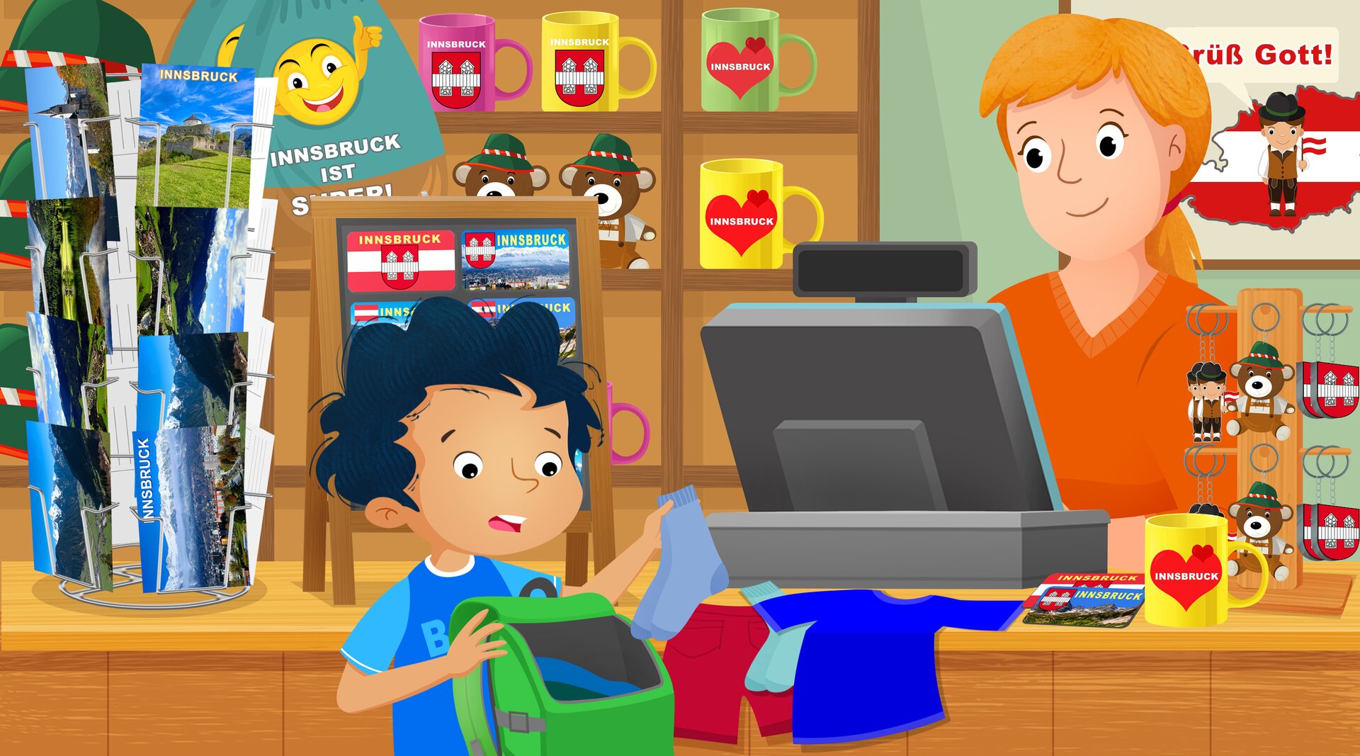 Grafika przedstawia chłopca w sklepie z pamiątkami. Chłopiec ma przejętą minę, wyjmuje wszystkie rzeczy z plecaka. Za ladą stoi uśmiechnięta sprzedawczyni. 