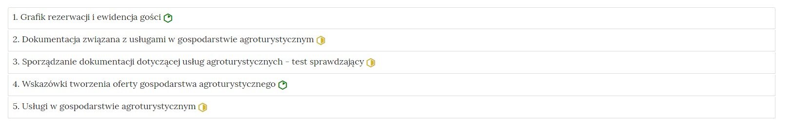 Grafika przedstawia widok interaktywnego materiału sprawdzającego, czyli zbioru poszczególnych zadań w formie listy z nazwami zadań, gdzie po kliknięciu w nazwę zadania pojawi się jego zawartość. Na liście, na prawo od nazwy każdego zadania widnieje ikonka informująca o poziomie trudności danego zadania.