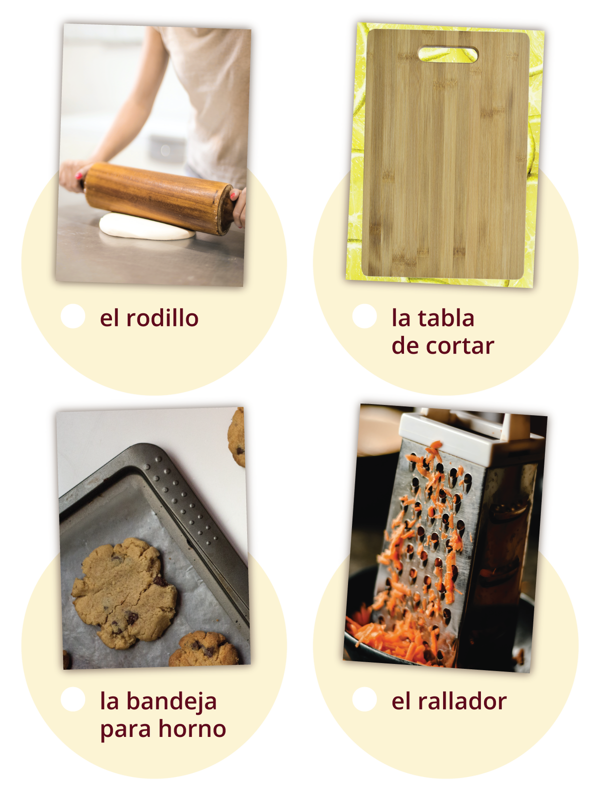 Grafika przedstawia cztery zdjęcia z podpisami. Wałek do ciasta - el rodillo, deska do krojenia - la tabla de cortar, forma do pieczenia - la bandeja para horno, tarka - el rallador.