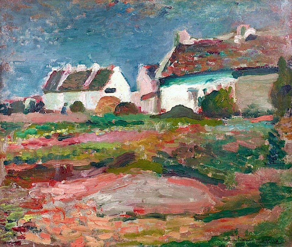 Ilustracja interaktywna przedstawia obraz pt. „Domy w Kervilahouen na Belle‑Île” autorstwa Henriego Matisse. Obraz ukazuje domy w Kervilahouen na Belle‑Île. Na obrazie widać białe, niskie domy z ciemnym dachem. Na pierwszym planie znajduje się przestrzeń pokryta kolorowymi plamami farby. Artysta nakłada farby małymi porcjami obok siebie, nieraz w kontrastujących zestawieniach.