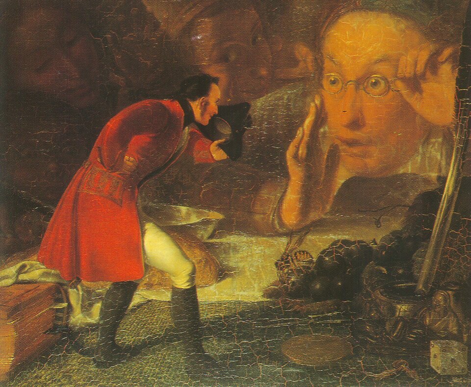 Na obrazie znajduje się Gulliver, który dotarł na wyspę olbrzymów Brobdingnag. Stojąc naprzeciw zdziwionej twarzy olbrzyma, kłania się. W lewej dłoni trzyma zdjęty z głowy czarny kapelusz, prawą dłoń opiera na biodrze. Lekko się uśmiecha. Olbrzym ma zdziwioną minę i lewą ręką poprawia okulary. W tle po lewej stronie widać  dwie twarze olbrzymów lekko się uśmiechających. Obraz utrzymany jest w ciemnych barwach. Wyróżnia się jedynie strój Gullivera (czerwony kaftan, białe spodnie) i twarz olbrzyma znajdującego się naprzeciwko podróżnika (żółte odcienie).