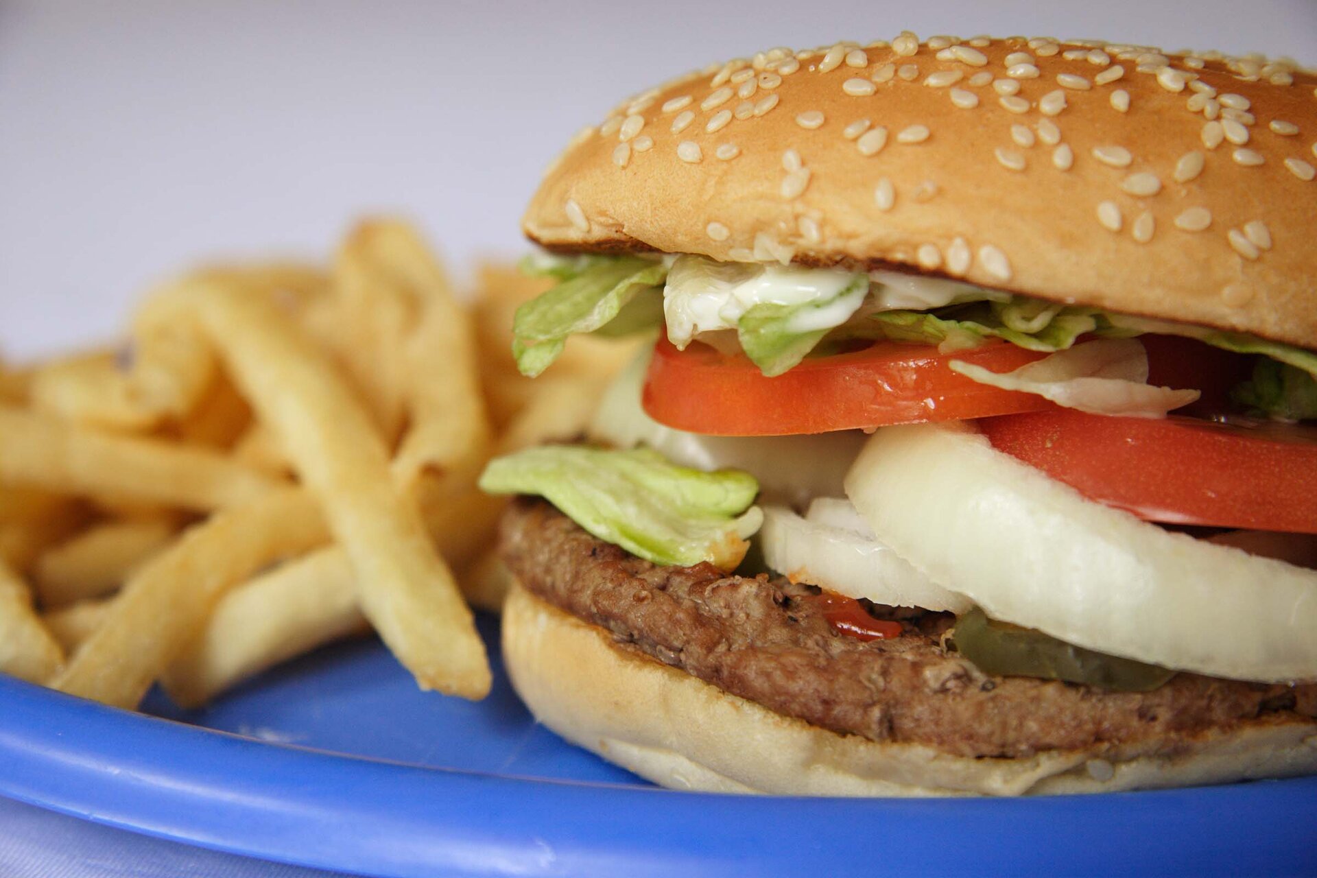 Na zdjęciu przedstawiono hamburgera oraz frytki.