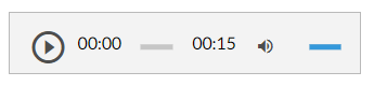 Grafika przedstawia panel odtwarzacza. Jest to szary pasek z ikonami. Po lewej stronie widoczny jest przycisk “Play”, który ma kształt koła z wpisanym trójkątem. Obok widoczny jest czas, który wynosi 15 sekund, a obok niego ikona głośnika z paskiem głośności.