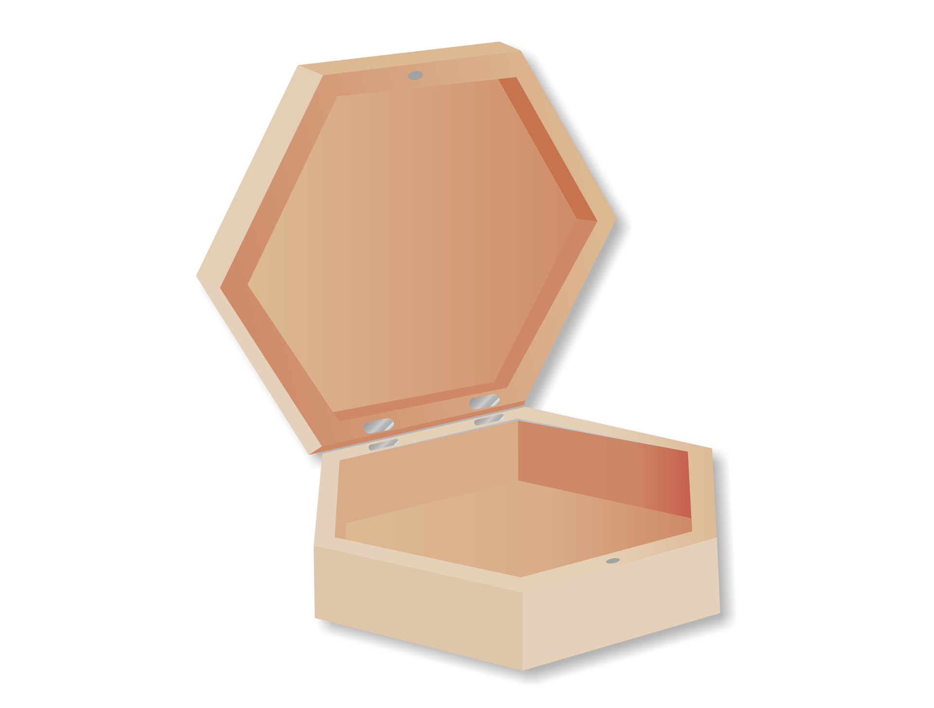 Ilustracja przedstawia otwartą, drewnianą szkatułkę w kolorze brązowym, o kształcie sześciokąta.