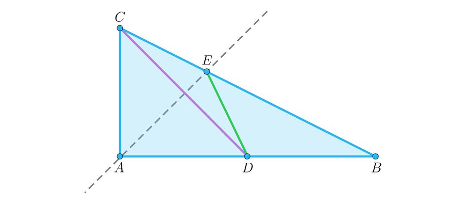 Na ilustracji przedstawiono trójkąt A B C, z kątem prostym przy wierzchołku A. Z wierzchołka C, poprowadzono środkową boku A B, do punktu D. Linią przerywaną zaznaczono prostą przechodzącą przez wierzchołek A, która jest prostopadła do środkowej C D i przechodzi przez punkt E, znajdujący się na przeciwprostokątnej trójkąta. Zielonym kolorem zaznaczono odcinek D E.