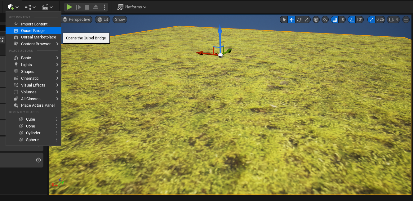 Ilustracja przedstawia okno programu. Po lewej stronie na liście zaznaczono Quixel Bridge. W obszarze roboczym jest powierzchnia wypełniona zielonym mchem. W górnej części obrazka są trzy strzałki, wychodzą z jednego punktu. Jedna jest pionowa, dwie pozostałe są poziome.  