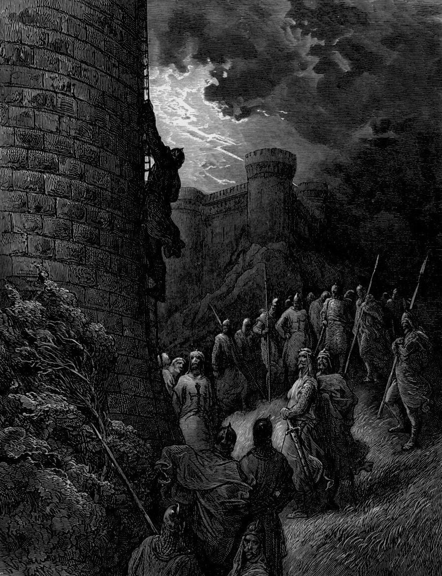 Szkic przedstawia Boemunda wspinającego się po baszcie Antiochii. Pod nią stoją liczni żołnierze uzbrojeni we włócznie. w oddali na wzgórzu znajdują się kolejne umocnienia i mury Antiochii.