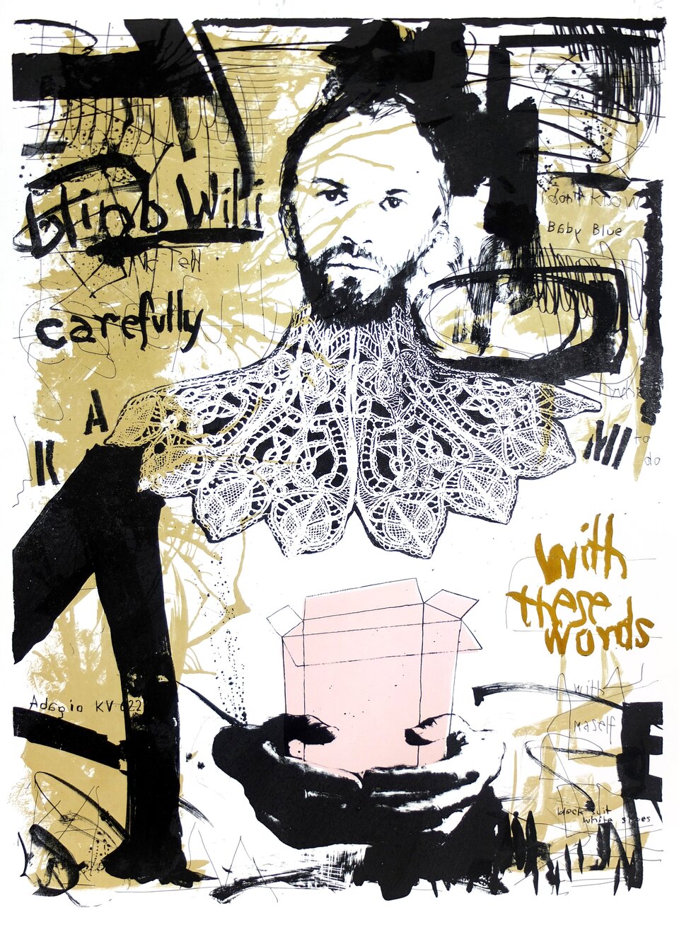 Ilustracja ukazuje głowę mężczyzny zamontowaną na koronkowej podstawie. U dołu znajdują się dłonie trzymające zniekształcone, różowe pudełko. Tłem są czarne i jasnobrązowe napisy oraz plamy i kreski.