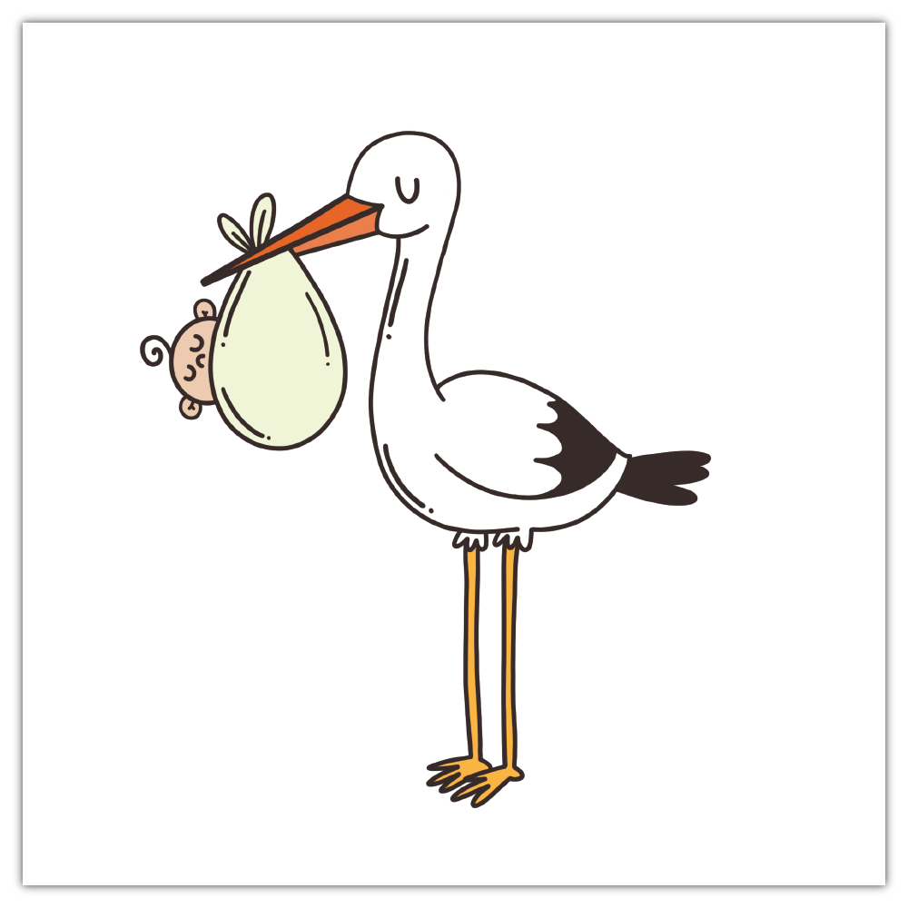 Na ilustracji widoczny bocian trzymający dziecko w beciku w dziobie.