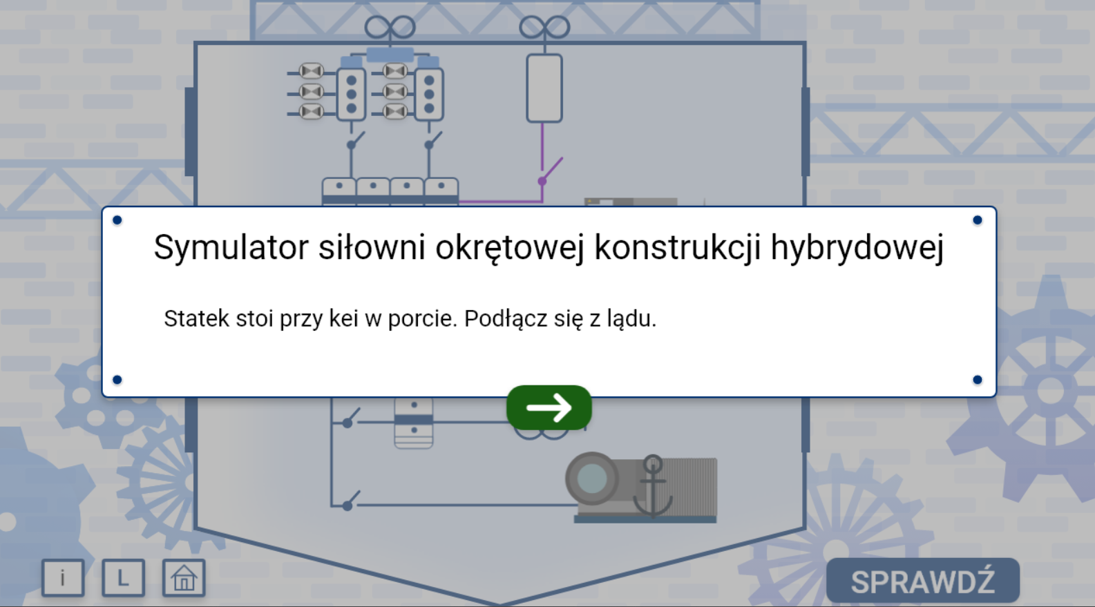 Grafika przedstawia widok na przykładowe polecenie wyświetlające się po uruchomieniu symulatora. Polecenie znajduje się w prostokątnym oknie. Poniżej widać zieloną strzałkę. W tle widać wygaszony symulator.