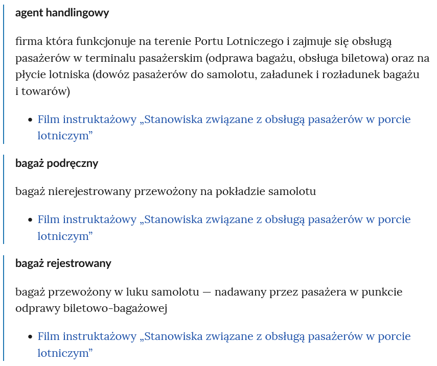 Zrzut ekranu przedstawia kilka pojęć ze Słownika. Konstrukcja jest następująca: pojęcie, poniżej jego wyjaśnienie, a pod nim znajduje się link, po którego kliknięciu użytkownik przenosi się do rozdziału w tym materiale, w którym dane pojęcie jest wykorzystywane. Linków może być jeden lub kilka, w zależności od tego, w ilu rozdziałach użyto pojęcia.