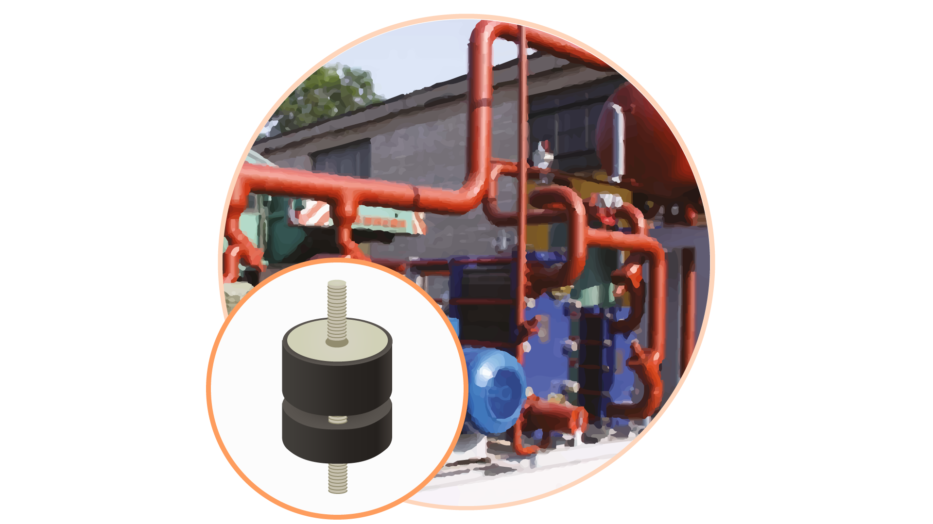 Grafika przedstawia błędnie wykonaną izolację przeciwdrganiowę maszyny przemysłowej przy pomocy wibroizolatora walcowego - szczelinę w walcu. Grafika zawiera maszynę składającą się z rur i silnika. W lewym dolnym rogu jest zbliżenie na wibroizolator zainstalowany na gwincie. Walec wibroizolatora jest przedzielony szczeliną.