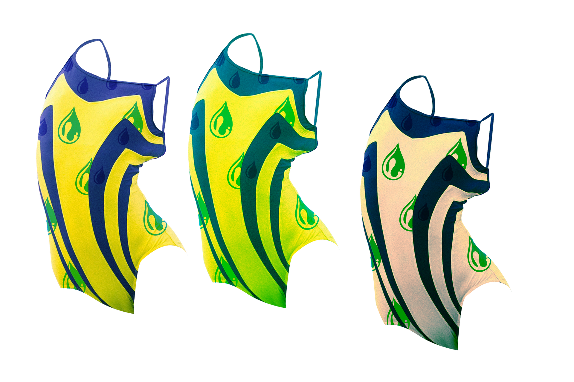 Ilustracja przedstawia trzy stroje kąpielowe.