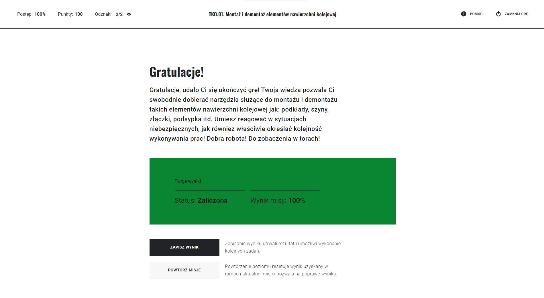 Ekran końcowy misji