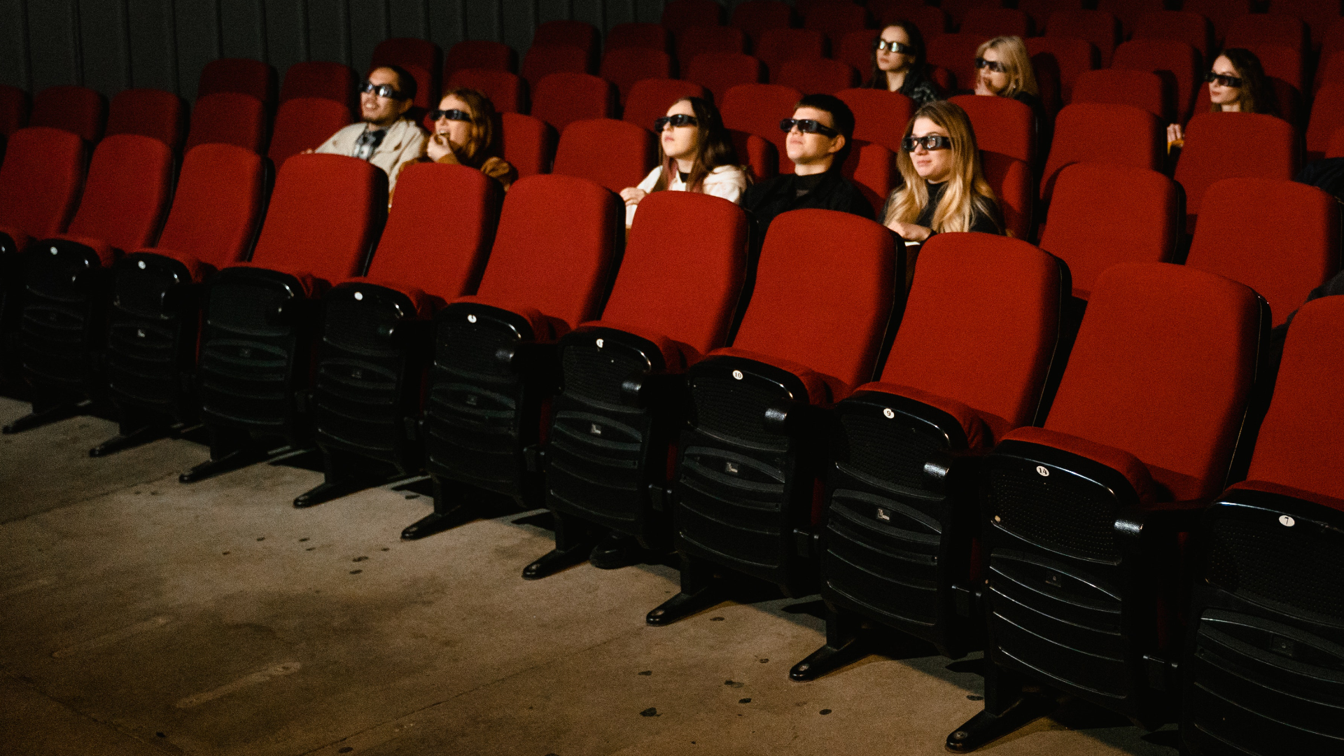 Zdjęcie przedstawia cztery pierwsze rzędy widowni. Pierwszy rząd pozostaje pusty. W drugim rzędzie widocznych jest pięć osób. Trzeci rząd pozostaje pusty. W czwartym rzędzie siedzą trzy osoby.