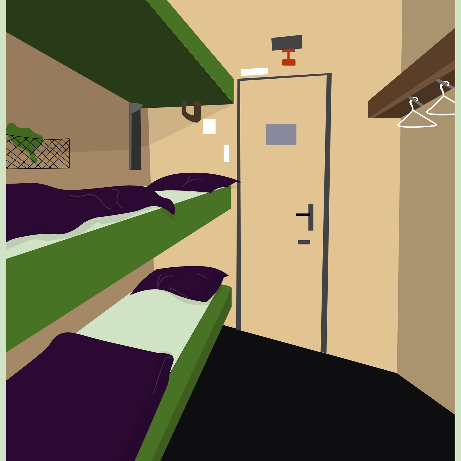 Grafika przedstawia wnętrze wagonu sypialnego. Widoczne są trzy łóżka ustawione z lewej jedno nad drugim, drzwi do kabiny po środku oraz wieszak z prawej strony.