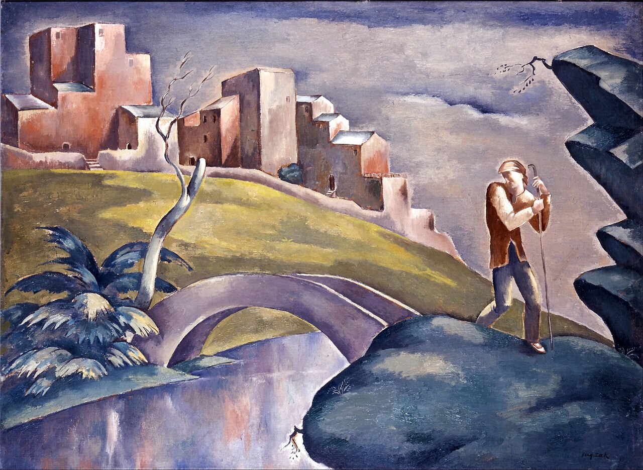 Obraz przedstawia wędrowca stojącego nad rzeką. Na pierwszym planie, z prawej strony obrazu, znajduje się mężczyzna opierający się o zakrzywiony kij. Po lewej stronie widoczny jest mostek i rzeczka, która pod nim płynie. W oddali budynki. 