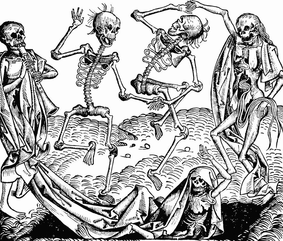 Ilustracja przedstawia pięć postaci‑szkieletów. Trzy szkielety tańczą, jeden przygrywa im na flecie. Na dole obrazka leży piąty szkielet z uniesioną ręką. Jest częściowo okryty całunem.