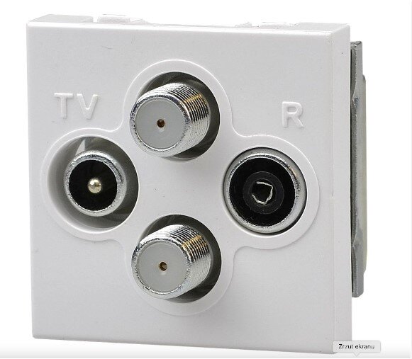 Na zdjęciu jest widoczne gniazdo abonenckie instalacji antenowej, montowane podtynkowo. Na kwadratowej plastikowej obudowie widoczne są cztery otwory. Pierwszy to wejście telewizyjne, drugi i trzeci to wejścia satelitarne, czwarty – radiowe.