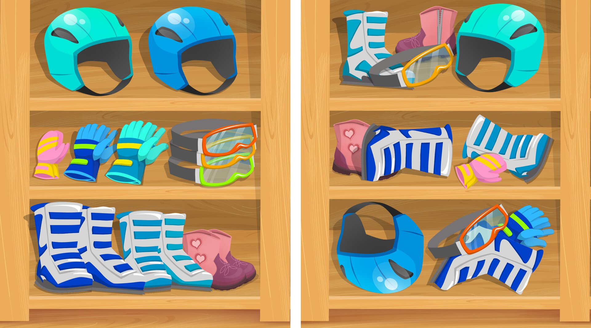 Ilustracja przedstawia dwa regały z trzema półkami. Po lewej stronie znajdują się dwa kaski, trzy pary rękawiczek, trzy pary okularów oraz trzy pary butów. Po prawej stronie sprzęt nie jest uporządkowany. Na regale znajdują się trzy pary butów, dwa kaski  oraz dwa razy okulary narciarskie i dwie pary rękawiczek.