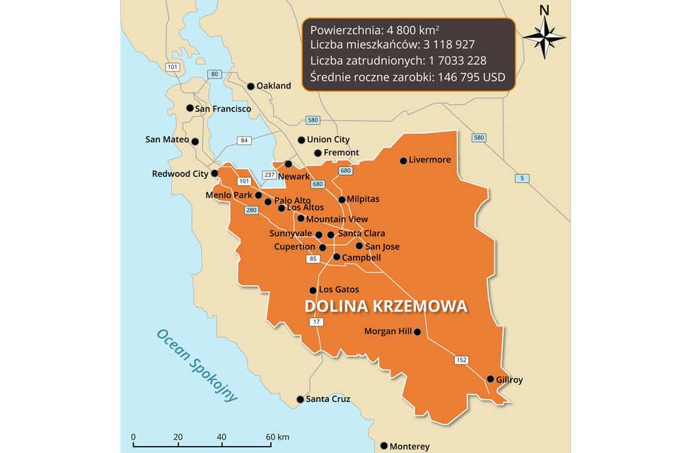 Mapa przedstawia Dolinę Krzemową. Jej powierzchnia to 4800 kilometrów kwadratowych. Liczba mieszkańców to 3118927. Liczba zatrudnionych to 1703228. Średnie roczne zarobki to 146795 dolarów. Dolina Krzemowa obejmuje miasta Gillroy, Morgan Hill, Campbell, Los Gatos, San Jose, Santa Clara, Cupertion, Synnyvale, Mountain View, Milpitas, Livermore, Los Altos, Palo Alto, Menlo Park oraz Newark.