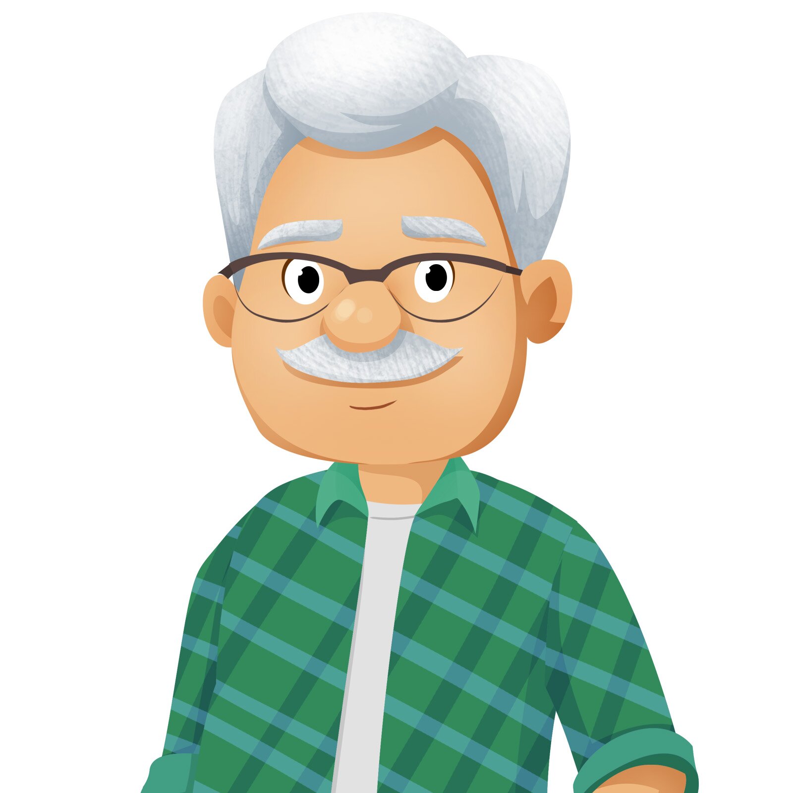 Ilustracja przedstawia uśmiechniętego dziadka w okularach i z wąsami.