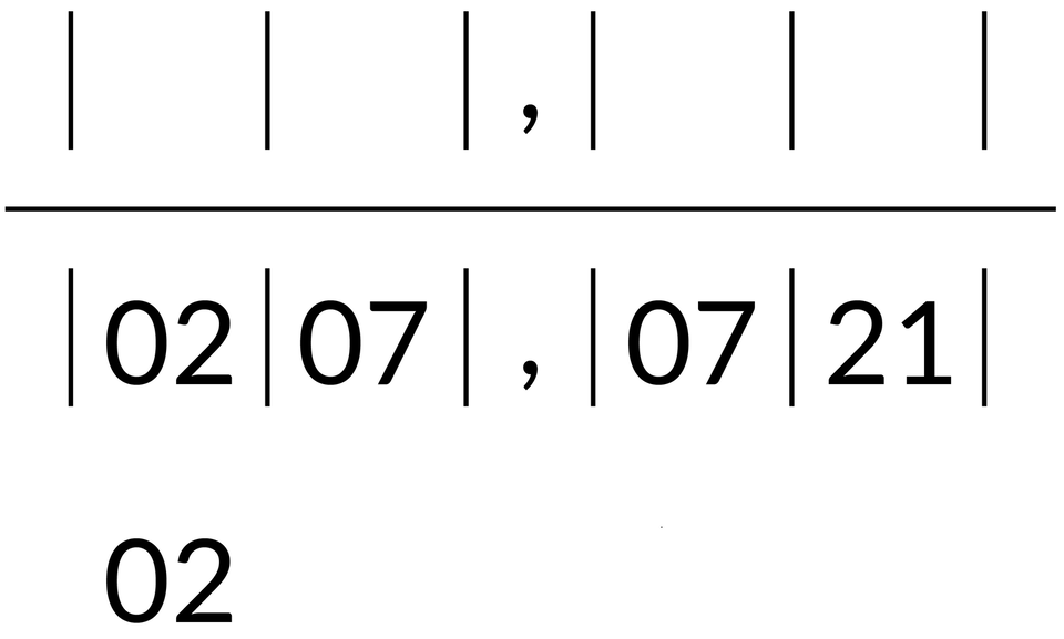 Ilustracja przedstawia pary liczb podzielone znakami: |. Prosta dzieli dwa segmenty, górny jest pusty a w dolny wpisano: |02|07|,|07|21|.   Pod parą liczb |02| wpisano 02.