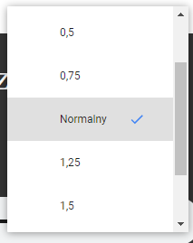 Grafika przedstawia okno dialogowe z opcjami szybkości odtwarzania nagrania. Możliwe są szybkości: 0,5 0,75 Normalny 1,25 oraz 1,5.