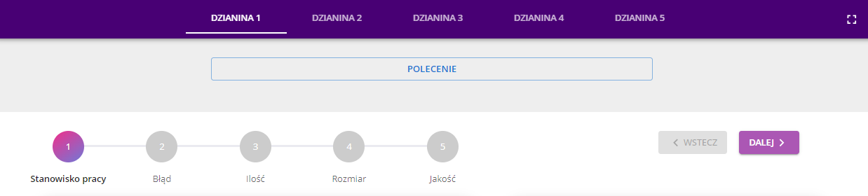 Menu górne, polecenie, oś postępu i przyciski "Wróć" i "Dalej"