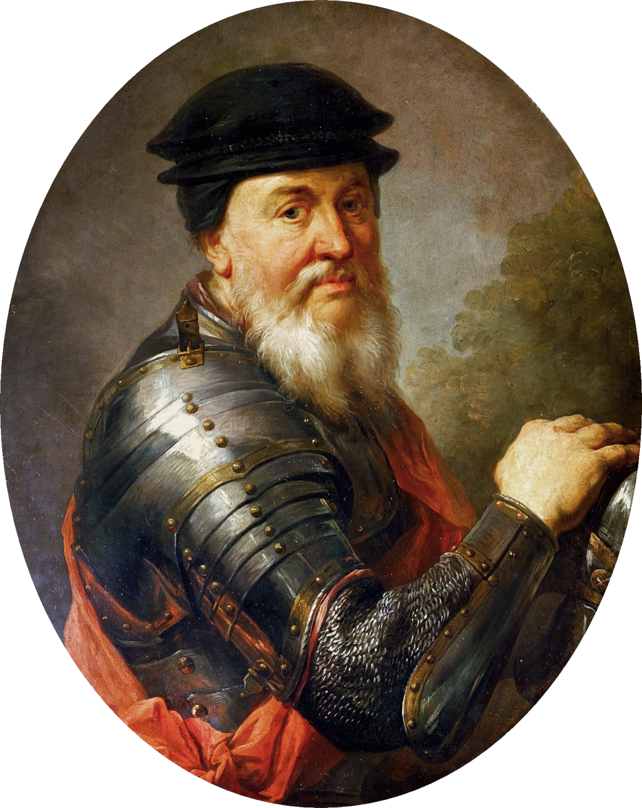 Na obrazie starszy mężczyzna. Ma długą, siwą brodę z wąsami oraz ciemne nakrycie głowy. Ubrany jest w zbroję.