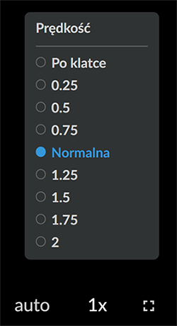 Zdjęcie przedstawia ikonę oraz panel zmiany prędkości odtwarzania filmu. Ikona składa się z jedynki i małego iksa. Nad ikoną wyświetlony jest panel zatytułowany prędkość i zawierający różne opcje prędkości do wyboru. Opcje od góry to: po klatce, dwadzieścia pięć setnych, pięć dziesiątych, siedemdziesiąt pięć setnych, normalna, jeden i dwadzieścia pięć setnych, jeden i pięć dziesiątych, jeden i siedemdziesiąt pięć setnych, dwa. Zaznaczoną opcją jest prędkość normalna. Można to stwierdzić po niebieskim kolorze tego napisu. Obok ikony zmiany prędkości widać po lewej stronie ikonę auto, a po prawej kwadrat umożliwiający włączenie pełnego ekranu.