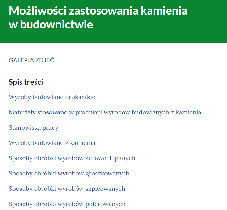 Przykładowy wygląd spisu treści w galerii zdjęć