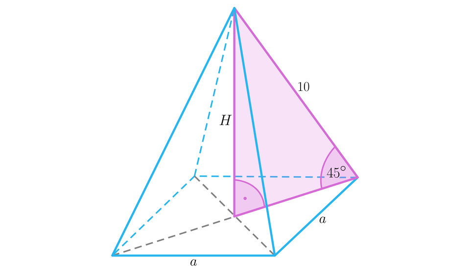 Ilustracja przedstawia ostrosłup prawidłowy czworokątny, długość krawędzi podstawy wynosi a. Długość krawędzi bocznej wynosi dziesięć. W podstawie zaznaczono jej przekątne. Spodek wysokości H opuszczonej z wierzchołka górnego znajduje się w miejscu przecięcia przekątnych. W ostrosłupie zaznaczono trójkąt  prostokątny, którego przeciwprostokątną jest krawędź boczna, a przyprostokątnymi są wysokość ostrosłupa i odcinek będący fragmentem przekątnej podstawy łączący wysokość z przeciwprostokątną. Kąt pomiędzy przekątną podstawy a krawędzią boczną wynosi 45 stopni. 